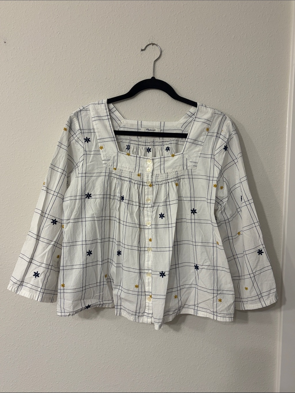 Madewell White Plaid Button-Front Top with Navy & Gold Floral Embroidery